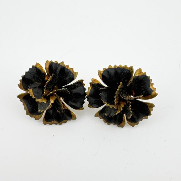 Vintage Black Enamel Flower‎ Screw Back Earrings Mid Century Floral Jewelry - Picture 8 of 10